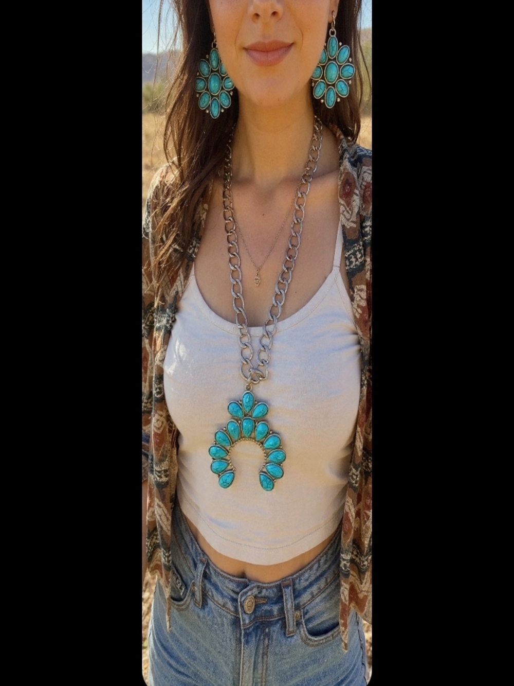 Turquoise Statement Navajo-Inspired Pendant Necklace and Earrings Set